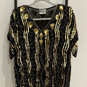 Vintage Disco Exotica Black Silk Gold Sequin Women Round Neck Mesh Blouse Y2K